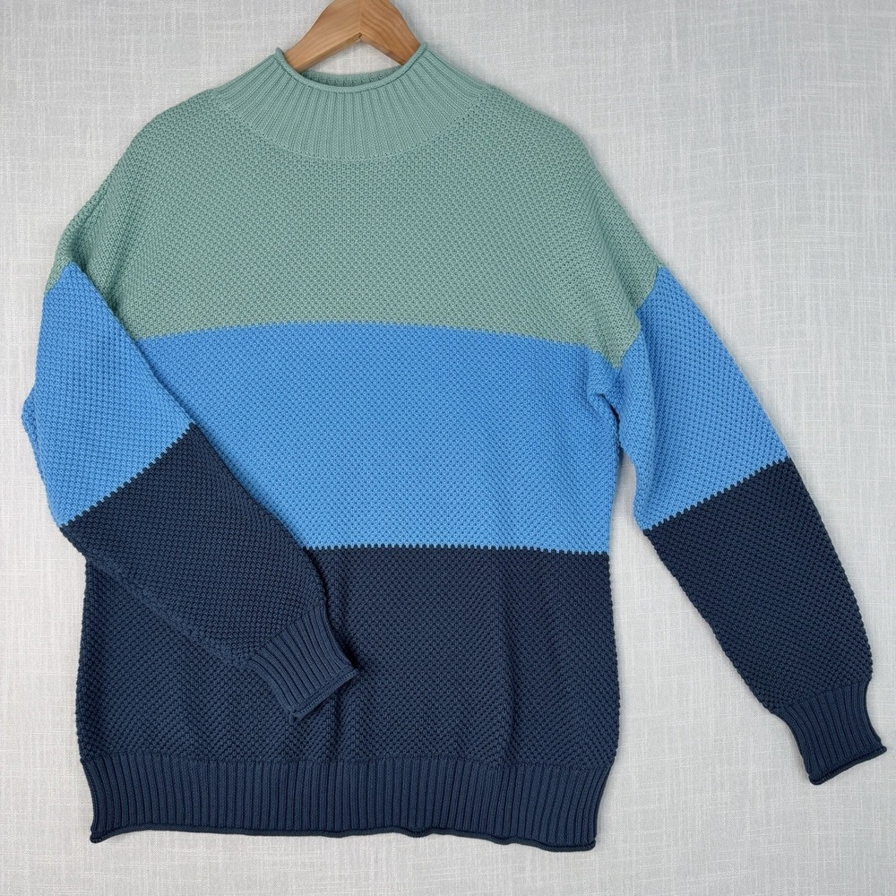 Belle by Kim Gravel Shaker Knit Diagonal Color Block Sweater Blue Medium